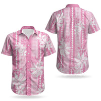 Hawaii Kakau Tribal Couples Matching Off The Shoulder Long Sleeve Dress and Hawaiian Shirt With Pink Tiare LT05 - Polynesian Pride