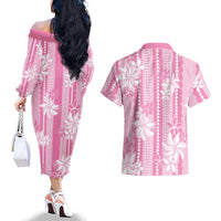 Hawaii Kakau Tribal Couples Matching Off The Shoulder Long Sleeve Dress and Hawaiian Shirt With Pink Tiare