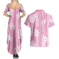 Hawaii Kakau Tribal Couples Matching Summer Maxi Dress and Hawaiian Shirt With Pink Tiare LT05 - Polynesian Pride