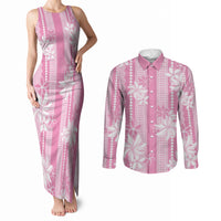 Hawaii Kakau Tribal Couples Matching Tank Maxi Dress and Long Sleeve Button Shirt With Pink Tiare LT05 Pink - Polynesian Pride