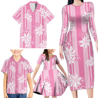Hawaii Kakau Tribal Family Matching Long Sleeve Bodycon Dress and Hawaiian Shirt With Pink Tiare