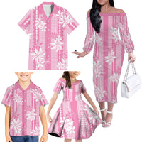 Hawaii Kakau Tribal Family Matching Off The Shoulder Long Sleeve Dress and Hawaiian Shirt With Pink Tiare LT05 - Polynesian Pride