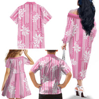 Hawaii Kakau Tribal Family Matching Off The Shoulder Long Sleeve Dress and Hawaiian Shirt With Pink Tiare LT05 Mom's Dress Pink - Polynesian Pride
