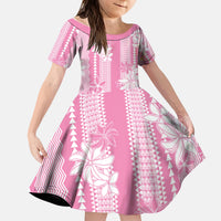 Hawaii Kakau Tribal Kid Short Sleeve Dress With Pink Tiare LT05 KID Pink - Polynesian Pride