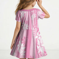 Hawaii Kakau Tribal Kid Short Sleeve Dress With Pink Tiare LT05 - Polynesian Pride