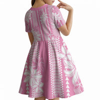 Hawaii Kakau Tribal Kid Short Sleeve Dress With Pink Tiare LT05 - Polynesian Pride