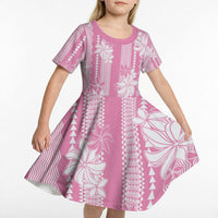 Hawaii Kakau Tribal Kid Short Sleeve Dress With Pink Tiare LT05 - Polynesian Pride