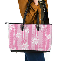 Hawaii Kakau Tribal Leather Tote Bag With Pink Tiare