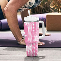 Hawaii Kakau Tribal Tumbler With Handle With Pink Tiare LT05 - Polynesian Pride