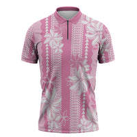 Hawaii Kakau Tribal Zipper Polo Shirt With Pink Tiare LT05 Pink - Polynesian Pride