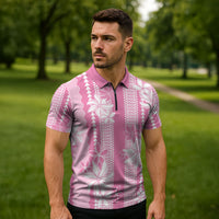 Hawaii Kakau Tribal Zipper Polo Shirt With Pink Tiare LT05 - Polynesian Pride