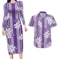 Hawaii Kakau Tribal Couples Matching Long Sleeve Bodycon Dress and Hawaiian Shirt With Purple Tiare LT05 Purple - Polynesian Pride