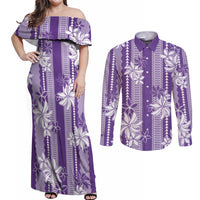 Hawaii Kakau Tribal Couples Matching Off Shoulder Maxi Dress and Long Sleeve Button Shirt With Purple Tiare LT05 Purple - Polynesian Pride