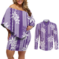 Hawaii Kakau Tribal Couples Matching Off Shoulder Short Dress and Long Sleeve Button Shirt With Purple Tiare LT05 Purple - Polynesian Pride