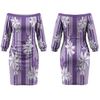 Hawaii Kakau Tribal Couples Matching Off The Shoulder Long Sleeve Dress and Hawaiian Shirt With Purple Tiare LT05 - Polynesian Pride