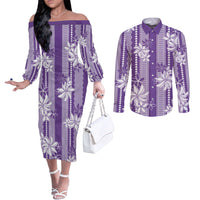 Hawaii Kakau Tribal Couples Matching Off The Shoulder Long Sleeve Dress and Long Sleeve Button Shirt With Purple Tiare LT05 Purple - Polynesian Pride