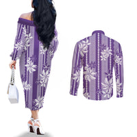 Hawaii Kakau Tribal Couples Matching Off The Shoulder Long Sleeve Dress and Long Sleeve Button Shirt With Purple Tiare LT05 - Polynesian Pride