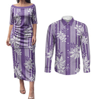 Hawaii Kakau Tribal Couples Matching Puletasi and Long Sleeve Button Shirt With Purple Tiare LT05 Purple - Polynesian Pride