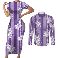 Hawaii Kakau Tribal Couples Matching Short Sleeve Bodycon Dress and Long Sleeve Button Shirt With Purple Tiare LT05 Purple - Polynesian Pride