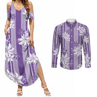 Hawaii Kakau Tribal Couples Matching Summer Maxi Dress and Long Sleeve Button Shirt With Purple Tiare LT05 Purple - Polynesian Pride