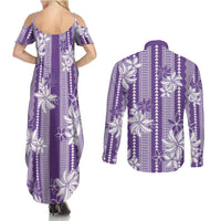 Hawaii Kakau Tribal Couples Matching Summer Maxi Dress and Long Sleeve Button Shirt With Purple Tiare LT05 - Polynesian Pride