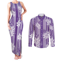 Hawaii Kakau Tribal Couples Matching Tank Maxi Dress and Long Sleeve Button Shirt With Purple Tiare LT05 Purple - Polynesian Pride
