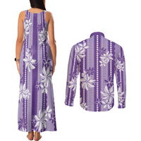 Hawaii Kakau Tribal Couples Matching Tank Maxi Dress and Long Sleeve Button Shirt With Purple Tiare LT05 - Polynesian Pride