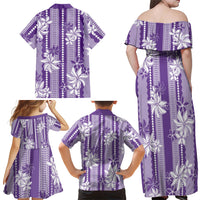 Hawaii Kakau Tribal Family Matching Off Shoulder Maxi Dress and Hawaiian Shirt With Purple Tiare