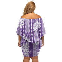 Hawaii Kakau Tribal Family Matching Off Shoulder Short Dress and Hawaiian Shirt With Purple Tiare