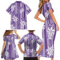 Hawaii Kakau Tribal Family Matching Short Sleeve Bodycon Dress and Hawaiian Shirt With Purple Tiare