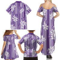 Hawaii Kakau Tribal Family Matching Summer Maxi Dress and Hawaiian Shirt With Purple Tiare