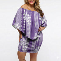 Hawaii Kakau Tribal Off Shoulder Short Dress With Purple Tiare LT05 Women Purple - Polynesian Pride