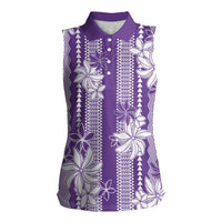 Hawaii Kakau Tribal Women Sleeveless Polo Shirt With Purple Tiare