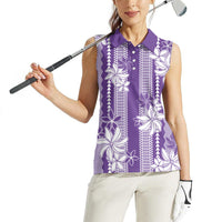 Hawaii Kakau Tribal Women Sleeveless Polo Shirt With Purple Tiare
