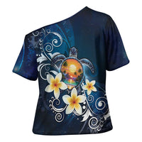Hawaii Honu Cross Shoulder Shirt Polynesian Curves Plumeria - Polynesian Pride