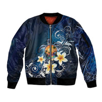Hawaii Honu Sleeve Zip Bomber Jacket Polynesian Curves Plumeria - Polynesian Pride