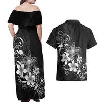 Hawaii Honu Couples Matching Off Shoulder Maxi Dress and Hawaiian Shirt Polynesian Curves Plumeria Grayscale - Polynesian Pride