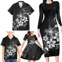 Hawaii Honu Family Matching Long Sleeve Bodycon Dress and Hawaiian Shirt Polynesian Curves Plumeria Grayscale - Polynesian Pride