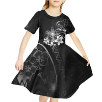 Hawaii Honu Kid Short Sleeve Dress Polynesian Curves Plumeria Grayscale - Polynesian Pride