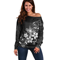 Hawaii Honu Off Shoulder Sweater Polynesian Curves Plumeria Grayscale - Polynesian Pride
