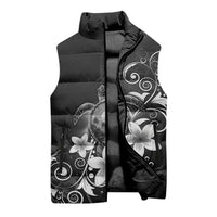 Hawaii Honu Sleeveless Puffer Jacket Polynesian Curves Plumeria Grayscale - Polynesian Pride