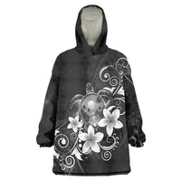 Hawaii Honu Wearable Blanket Hoodie Polynesian Curves Plumeria Grayscale - Polynesian Pride