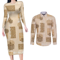 Vintage Lapita Couples Matching Long Sleeve Bodycon Dress and Long Sleeve Button Shirt Iconic Double Face Pattern Beige