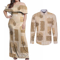 Vintage Lapita Couples Matching Off Shoulder Maxi Dress and Long Sleeve Button Shirt Iconic Double Face Pattern Beige