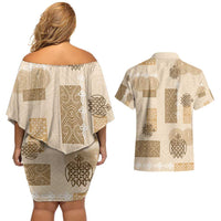 Vintage Lapita Couples Matching Off Shoulder Short Dress and Hawaiian Shirt Iconic Double Face Pattern Beige