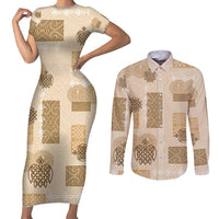 Vintage Lapita Couples Matching Short Sleeve Bodycon Dress and Long Sleeve Button Shirt Iconic Double Face Pattern Beige