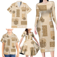 Vintage Lapita Family Matching Long Sleeve Bodycon Dress and Hawaiian Shirt Iconic Double Face Pattern Beige