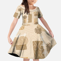 Vintage Lapita Family Matching Off Shoulder Maxi Dress and Hawaiian Shirt Iconic Double Face Pattern Beige