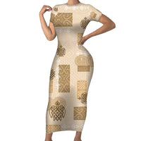 Vintage Lapita Family Matching Short Sleeve Bodycon Dress and Hawaiian Shirt Iconic Double Face Pattern Beige