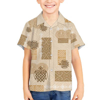 Vintage Lapita Family Matching Short Sleeve Bodycon Dress and Hawaiian Shirt Iconic Double Face Pattern Beige